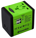 Swordfish Variplug Dual USB Universal Travel Adapter Charge 3 Devices once Green