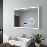 EMKE Miroir de salle de bain LED avec Loupe 3 Fois 80x60cm Loupe 3x, Interrupteur Tactile, Anti-buée, Bluetooth Lumière Blanche Froide/Chaude/Neutre