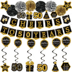50th Birthday Decorations for Men - (21pack) Cheers to 50 Years Black Gold Glitter Banner for Women, 6 Paper Poms, 6 Hanging Swirl, 7 Decorations Stickers. 50 Years Old Party Supplies Gifts for Men