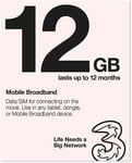 Three Mobile Pay As You Go Broadband 12 GB data SIM 12 
