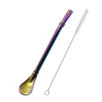 Stainless Steel Straw Spoon with Filter, Yerba Mate Bombilla, Long Handle Tea Strainer, for Drinking Loose Leaf Tea, Soup, Beverage, Stirring Coffee with Cleaning Brush (Rainbow)