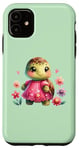 Coque pour iPhone 11 Vert, jolie tortue avec des fleurs amusantes