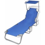 Helloshop26 - Transat chaise longue bain de soleil lit de jardin terrasse meuble d'extérieur pliable avec auvent acier et tissu bleu - Bleu