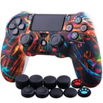 YoRHa Water Transfer Printing Camouflage Silicone Cover Skin Case for Sony PS4/Slim/Pro Dualshock 4 Controller x 1(Night Beam) with Thumb Grips x 10