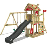 Wickey - Aire de jeux Portique bois FarmFlyer Tois avec balançoire et toboggan Maison enfant exterieur avec bac à sable, échelle d'escalade &