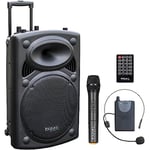 Ibiza - PORT15UHF-BT - Enceinte Portable 15"/800W Max avec 2 micros (UHF), télécommande et Housse de Protection - Bluetooth, USB, SD & TWS - Autonomie de 6 à 8h