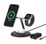 Belkin 3-in-1 Wireless Charging Stand with Magnetic MagSafe Compatible Qi2 15W, Fast Charging iPhone Charger for iPhone 15, 14, and 13 Series, AirPods, Apple Watch, & More (PSU included) - Black