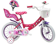 Vélo Enfant 14'' Fille Minnie/Disney équipé de 2 Freins, Porte poupée arrière, Panier Avant et Casque Inclus !
