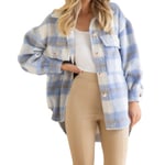 Vinter Ullkappa Casual Rutig Flanell Shacket Jacka Överdimensionerad Knapp Ned Långärmad Höst Skjorta Jacka Kappa Toppar Jacka Kvinnor BLUE XXL