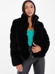 Quiz Faux Fur Short Puffer Jacket - Black, Black, Size 8, Women
