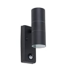Modern Matt Black Up/Down Outdoor Security Wall Light - PIR Motion Sensor Detector - IP44 Rated - Complete with 2 x 5W GU10 Cool White LED Bulbs
