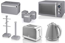 SWAN Retro Grey Jug Kettle 2 Slice Toaster Microwave & Kitchen Storage Set of 9