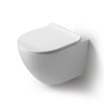 Cuvette de WC suspendue en céramique sans rebord avec abattant - Folk - Ronde - Blanc