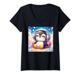 Womens Kawaii Penguin Headphones: The Penguin's Playlist V-Neck T-Shirt