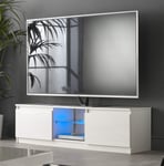 MMT White TV Stand Cabinet with LED Blue Lights - for 32 42 49 50 55 inch LED 4K smart television screens 1200mm wide Satin White Unit with Gloss Doors