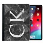 Personalised Initial Case For Apple iPad (2019) 10.2 inch (7th Generation), Black Marble Check Tile Print with Custom Side Monogram, 360 Swivel Leather Side Flip Folio Cover, Marble Ipad Case