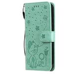 iPhone 15 Flip Deksel i Skinn med Lommebok og Stropp - Kattegravering - Grønn