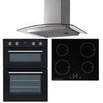 SIA 60cm Black Built-in Oven, Induction Hob & Stainless Steel Curved Glass Hood