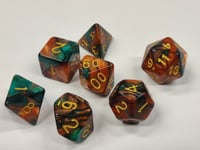 A Role Playing Dice Set: Red/Green Marble with golden numbers