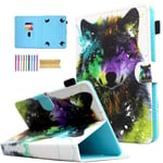 Universal 8" Tablet Case, AMOTIE PU Leather Slim Protective Folio Stand Cards Pocket Wallet Cover for F ire HD 8, iPad Mini, Galaxy Tab 8.0" Tablet, Fit Galaxy Tab A 8.4 2020, Colorful Wolf