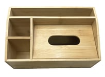 Natural Bamboo Wooden Multi-Function Tissue Box Holder - 4 Compartment Desk Organiser - Remote Control Holder Tissue Dispenser - Stationary Organiser and Condiment Caddy Organiser