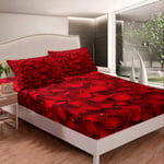 Loussiesd 3D Rose Bed Sheet Set Rose Floral Print Fitted Sheet for Woman Couple Lovers Romantic Flowers Pattern Bedding Set Valentine'S Day Bed Cover Room Decor 3Pcs Sheets King Size Red