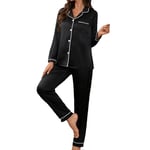 YUSHOW Ensemble de Pyjama Femme en Satin Pyjama à Manches Longues Boutonnée Légère 2 Pièce Vêtements de Nuit en Soie Sleepwear Pjs Set pour Printemps été Automne,Noir,M