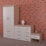 3 Piece White & Sonoma Oak Bedroom Set Wardrobe, 4+4 Drawer Chest, Bedside Table