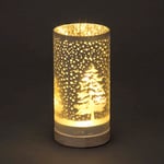 SHATCHI 20cm Christmas Decorated Vase Table Lamp Etched Glass Tube Forest Snowfall Scene Silver Cylinder LED Fairy Lights Battery Operated