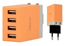 Väggladdare 4 USB-Portar AC 100-240 Volt med USA och EU Adapter Orange