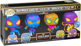 Figurine Funko Pop - Marvel's Spider-Man: Miles Morales - Miles Morales : Classic Suit / Strike Suit / Bodega Cat Suit / Track Suit - Black Light - 4 Pack (69140)