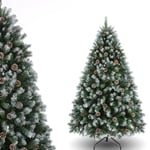 Sapin de Noël pré-décoré de 180 cm pour la Maison, Le Bureau et la décoration de fête - 1 000 Pointes de Branches en PVC - Design partiellement recouvert de Neige - Pommes de pin, charnières en métal