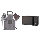 Russell Hobbs RHM2076B 20L Digital 800 W Solo Microwave Black with Penguin Home Apron, Double Oven Glove and 2 Kitchen Tea Towels Set - Grey