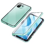 Case Compatible with Xiaomi Mi 11 Lite, Magnetic Adsorption with Lock Design, 360 Protection Front Back Tempered Glass Aluminum Frame Cover, Shockproof Transparent Case, Green