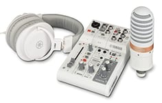 Yamaha AG03MK2 All-in-One Live Streaming Pack comprenant mixeur 3 canaux, microphone à condensateur et écouteurs, pour Windows, Mac, iOS et Android, en blanc