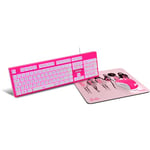 KROM Kit clavier, souris et tapis de souris édition Barbie KANDY- Clavier à membrane LED blanche, souris optique 6400 DPI, tapis de souris en caoutchouc souple et résistant, Layout Espagnol, rose.