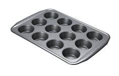 Circulon Momentum Muffin Trays For Baking 12 Cup - Non Stick Muffin Tin with Extra Large Handles, Grey Carbon Steel, Dishwasher Safe Bakeware