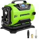 Greenworks G24IN Tyre Inflator Car Air Compressor Cordless Portable Air Pump, 11 Bar, 160 PSI Pressure Gauge, Auto Shut-Off WITHOUT 24V Battery & Charger, Green, Grey, Black