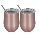 2 Pieces Wine Cups Rose Gold Travel Tumbler- 12 oz Double Wall Vacuum Insulated Stainless Steel Drink Cup Travel Coffee Mug Cup with Lids and Straws for Wine Drinks Champagne