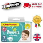 Pampers Baby-Dry Size 7 Nappies Diapers 58 Jumbo+ Pack 17+Kg 12hr Protection Uk