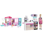 Barbie Doll and Dollhouse, Portable 1-Story Playset with Pool and Accessories & Coffee Shop with Doll and 20+ Realistic Play Pieces: Coffee Shop, Coffee-Smoothie Maker, Milk, Syrup, GMW03