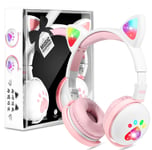 Kids Headphones Wireless, Girls Cat Ear Bluetooth Headphones, Foldable LED Light Up Headphones Over On Ear with Microphone, for Child/Teens/iPhone/iPad/PC/TV, Gift for Birthday/Christmas(White)