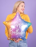 Grattis på födelsedagen! - Stjärnformad flerfärgad folieballong med vit skrift 40 cm