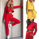 Women Hooded Cropped Tops Tracksuit Set Sport Jogging Pants Yellow S
