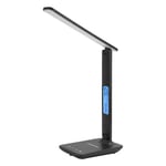Black LED Desk Lamp, with LCD Display Alarm Clock Calendar Temperature, Foldable Table Lamps for Office, Work, Study, 3 Lighting Mode, 5 Brightness Level, USB Rechargeable Bedside Reading Lighting, 5W