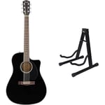 Fender CD-60SCE Dreadnought Electro Acoustic Guitar, Black & KEPLIN Guitar Stand A Frame Foldable Universal Fits All Guitars Acoustic Electric Bass Stand A (Guitar Stand)