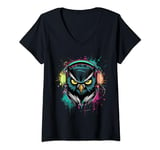 Womens Owl Beats - Vibrant Owl with Headphones Music Lover V-Neck T-Shirt