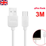 4x 3m Micro Usb Data Sync Cable Charger Lead For Samsung Htc Lg Android Phones