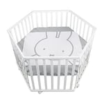 roba Parc Bébé Hexagonal en Bois miffy + Tapis de Parc et Roulettes avec Freins - Base Ajustable en Hauteur - Blanc