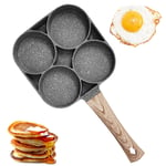 4-Cup Egg Frying Pan, Non-Stick Aluminum Alloy Pancake Cooking Pan Fried & Poach Burger Steak Pan for Gas Stove & Induction Cooker (Wooden Handle)